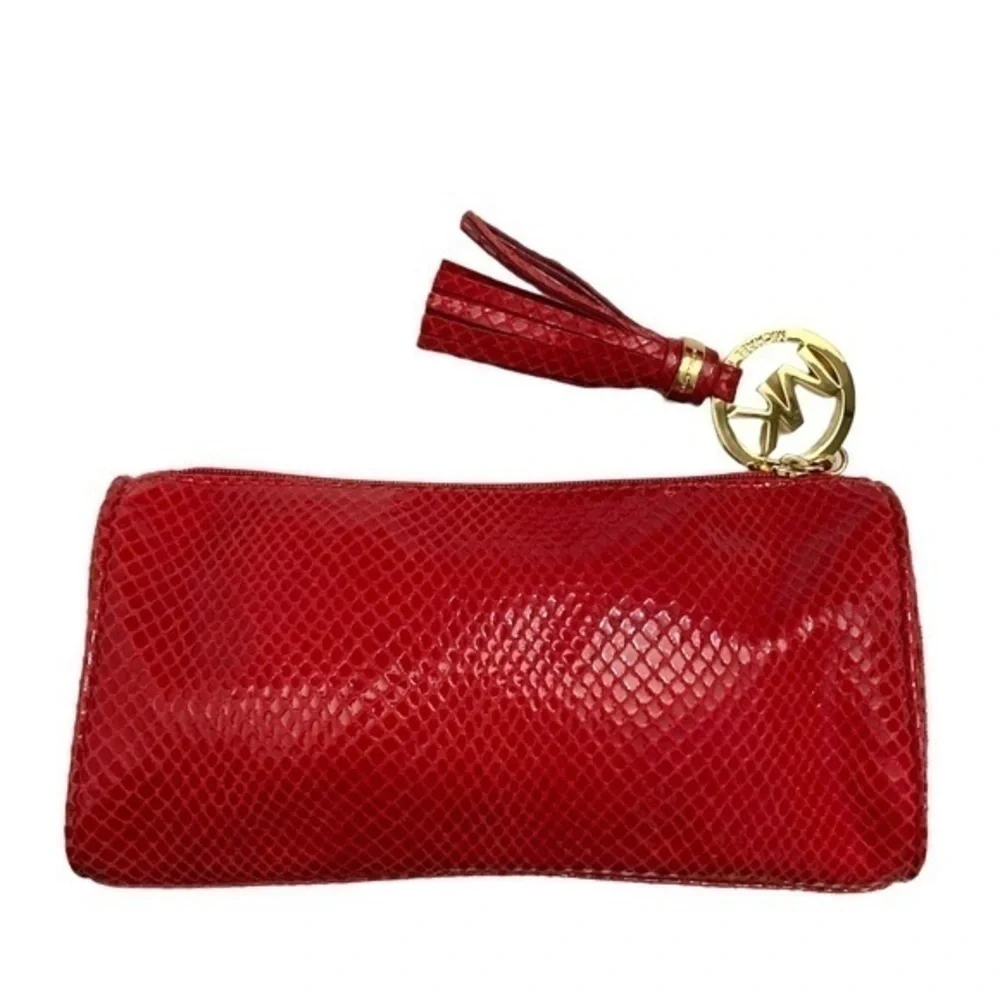 Michael kors red snake embossed cosmetic bag or clutch tassel